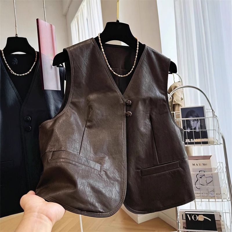 Extra Large Size 150kg Old Money Style Pu Leather Vest Jacket for Men and Women, Autumn and Winter Layering V-Neck Sleeveless Top