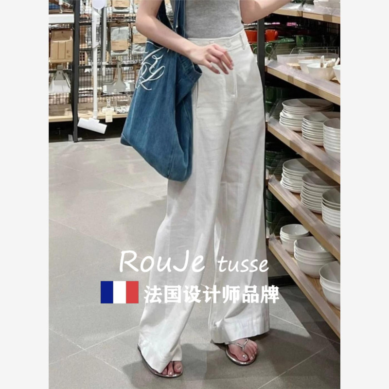 Rouje Tusse White Pants Cotton Linen Wide-Leg Suit Pants Women's Spring and Summer Loose Straight-Leg Pants High-Waisted Linen Pants