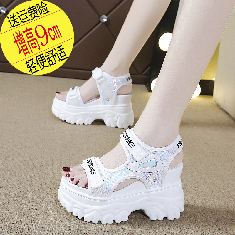 Sandals 2026 New Model Women's Wedge Thick-Soled Platform Sports Dad Shoes with Sequins, Velcro, Height-Increasing, Peep-Toe Roman Style