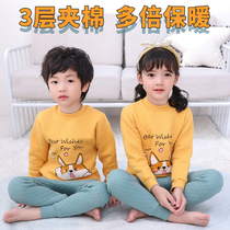 Winter children's thermal underwear set boys baby cotton padded three-layer cotton autumn pants girls pajamas