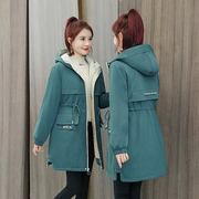 Bông giữa chiều dài 2019 mùa đông của phụ nữ quần áo mới của Hàn Quốc phiên bản cộng với nhung quần áo bông dày áo Pike sinh bông thủy triều