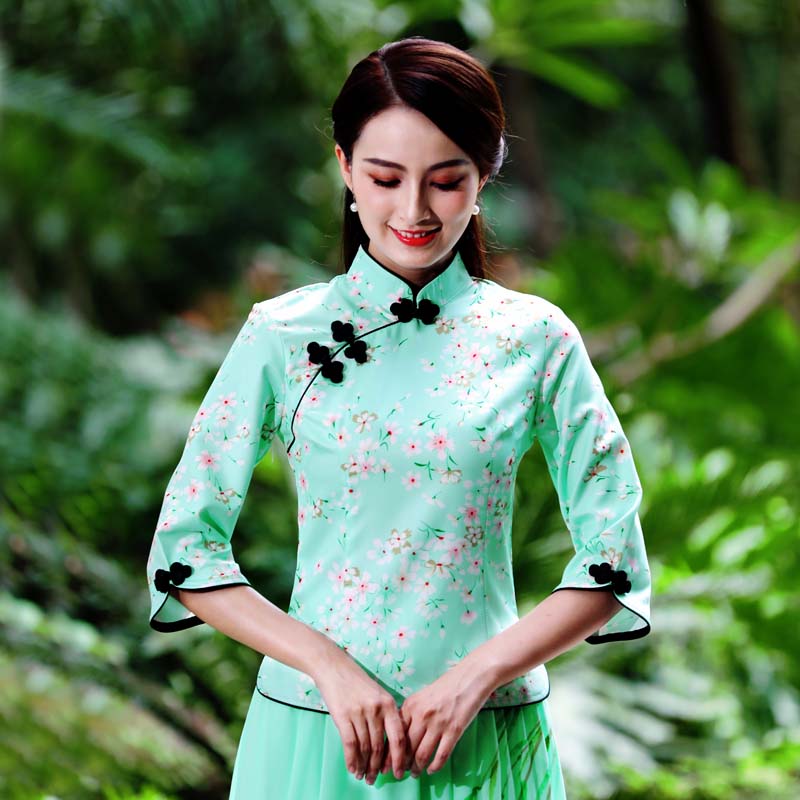 Kiểu Trung Quốc được cải thiện sườn xám áo khoác mới nghệ thuật cơ thể sườn xám gió quốc gia trung niên mẹ mặc hai mảnh Tang váy