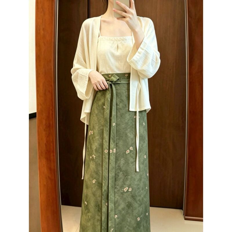 Huashiji Original [Qingwu] New Chinese-Style Improved Song Dynasty Cross-Collar Ramie-Like Swirl Skirt Cardigan, Slimming Everyday Hanfu