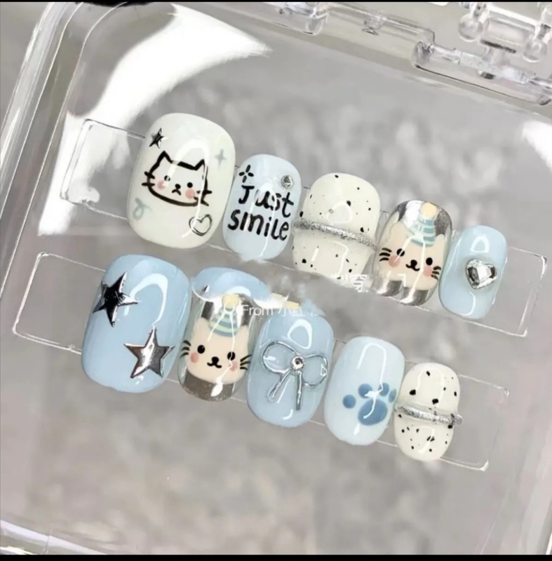 Handmade Wearable Nails ins Fresh Blue Cute Cartoon Hand-Painted Puppy Whitening Short Nail Art Fake Nail Stickers Handmade Wearable Nails ins Fresh Blue Cute Cartoon Hand-Painted Puppy Whitening Short Nail Art Fake Nail Stickers