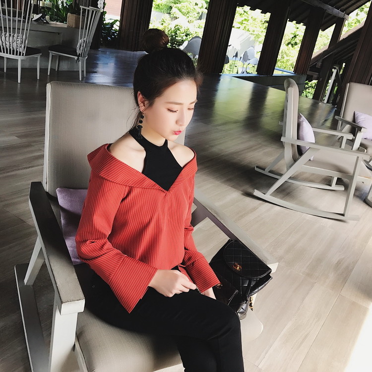 Áo xuân 2018 nữ mới có cổ chữ V kẻ sọc dọc, nữ mùa hè mỏng manh dành cho nữ áo dài áo sơ mi sọc