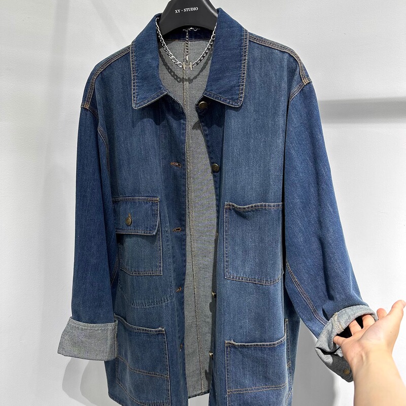 Four Seasons Green High-End European Goods Autumn New Vintage Loose Casual Single-Breasted Mid-Length Turn-Down Collar Denim Jacket for Women