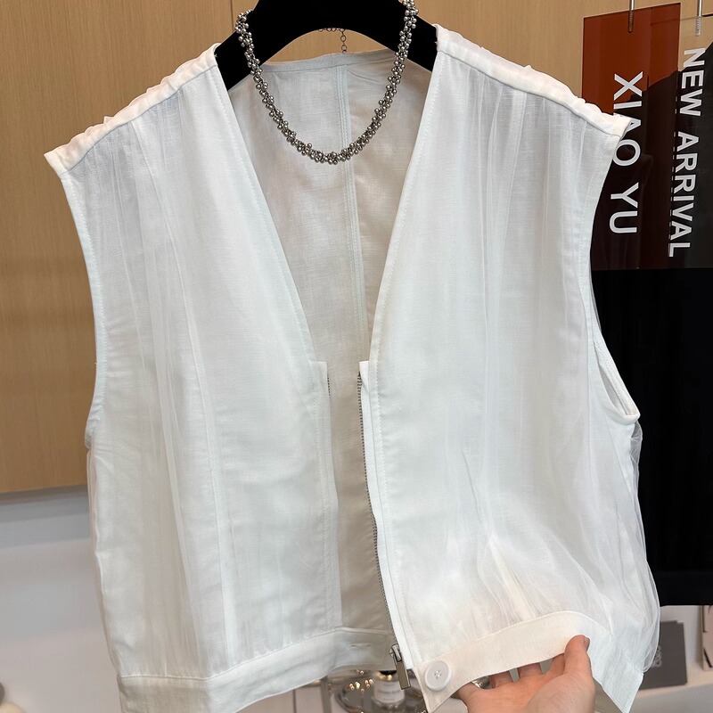High-End European Summer New Style Minimalist V-Neck Zipper Sleeveless Tencel Linen Vest Jacket for Women