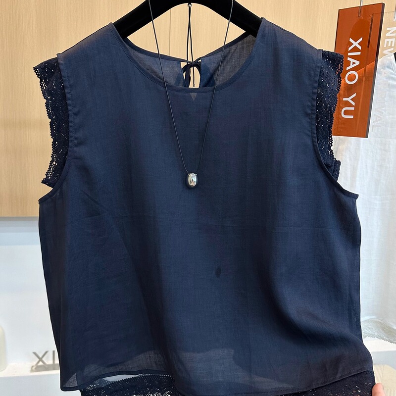 High-End European Summer New Style, High-End Fashion, Stylish Lace Splicing, Pure Linen Sleeveless Vest Shirt Top for Women High-End European Summer New Style, High-End Fashion, Stylish Lace Splicing, Pure Linen Sleeveless Vest Shirt Top for Women