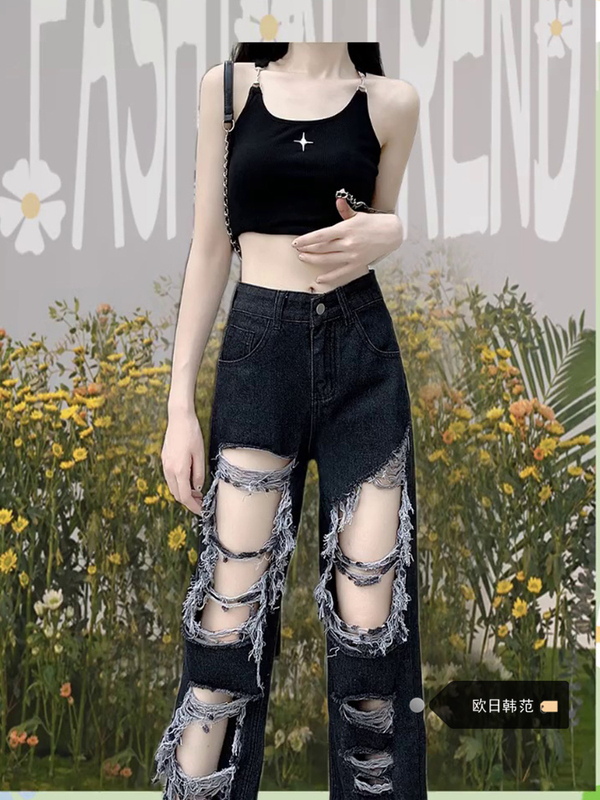 Plus-Size Black Ripped Jeans for Women, 2026 New Design, Stylish High-Waisted Slimming Straight-Leg Wide-Leg Pants