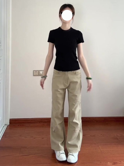 大码2025春季新款微喇卡其色工装裤女高腰复古设计感直筒牛仔裤子