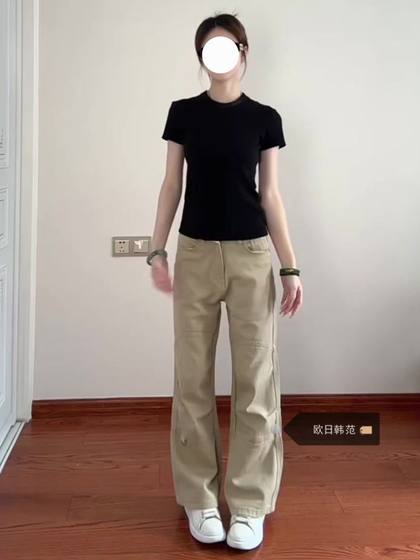 大码2025春季新款微喇卡其色工装裤女高腰复古设计感直筒牛仔裤子