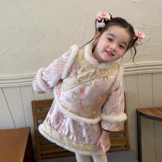 女童新中式套装夹棉2025冬季女宝宝丝绒盘扣棉服外套半身裙两件套