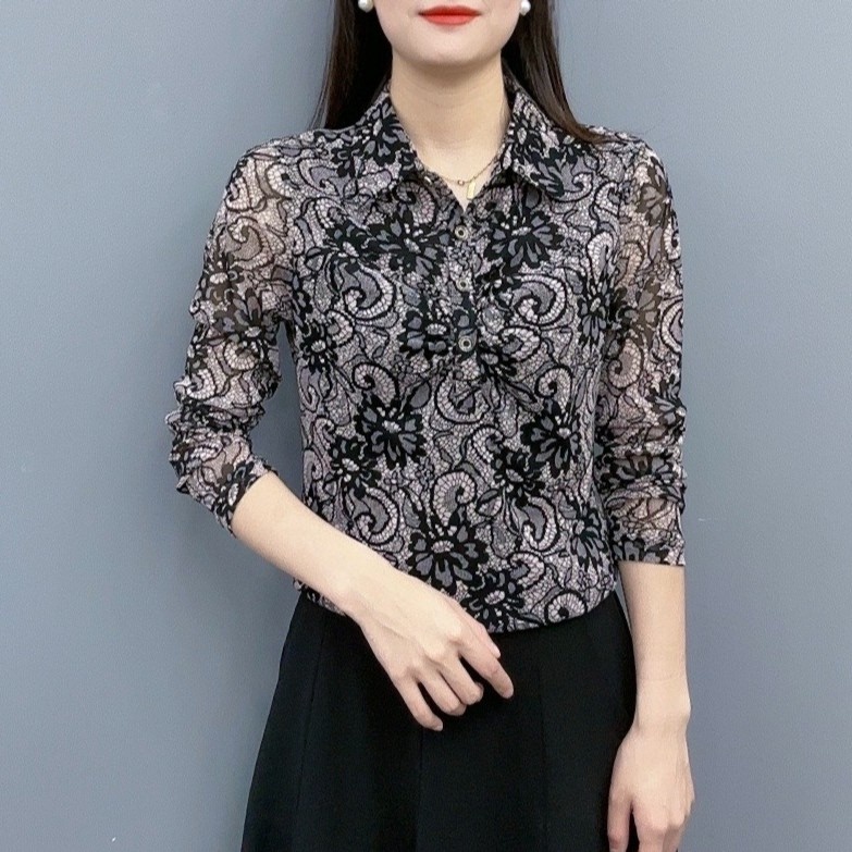 2024 New Spring Elastic Lace Mesh Floral Long-Sleeved Shirt with a Stylish Collar, Slimming and Elegant for Middle-Aged Women 2024 New Spring Elastic Lace Mesh Floral Long-Sleeved Shirt with a Stylish Collar, Slimming and Elegant for Middle-Aged Women