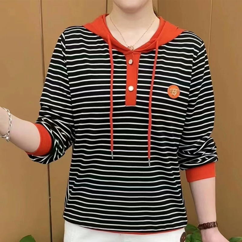 Spring New Striped Hooded Loose Plus-Size Stretchy Mom's Casual Comfortable Long-Sleeve Thin Sweatshirt Middle-Aged Top