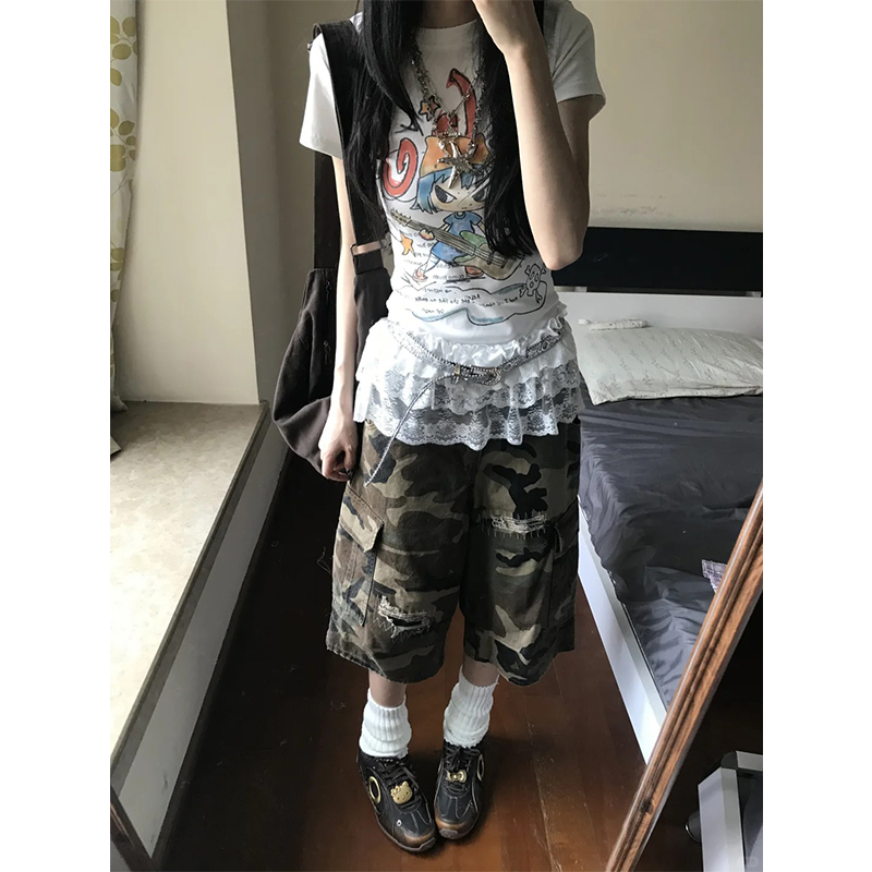 Ripped Patchwork Camouflage Capri Pants Summer 2025 New Women's American Retro Versatile Loose Wide-Leg Jeans Ripped Patchwork Camouflage Capri Pants Summer 2025 New Women's American Retro Versatile Loose Wide-Leg Jeans