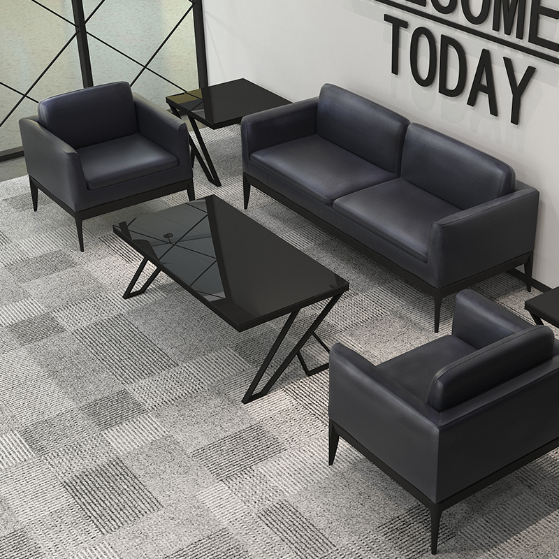 Boss Guest Room Black Genuine Leather Office Sofa Tea Table Portfolio Brief Modern Trio of VIP Guests Negotiate Furniture