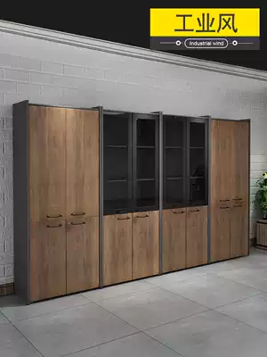 Industrial style wooden office file cabinet with lock Office bookcase with glass door Floor-to-ceiling data storage high cabinet