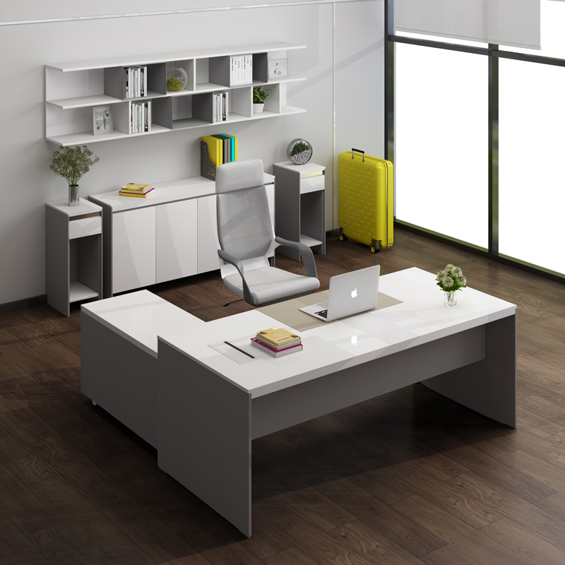 High-end bright white paint boss desk leader fashion modern minimal L-type office furniture