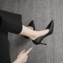 Genuine leather black high-heeled shoes for women 2024 spring and autumn new temperament versatile pointed toe work civil servant professional shoes