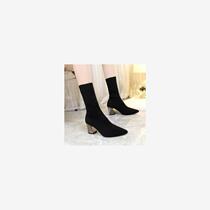 Foreign trade large size sleeve wool pointed toe thick heel flying knitted elastic stocking boots autumn new mid-calf high heel womens boots size 43