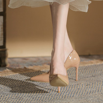 Nude high-heeled shoes for women 2024 spring and summer new niche design temperament patent leather black stiletto pointed toe shoes