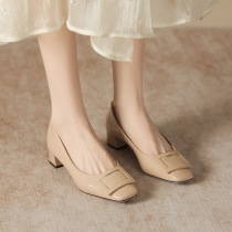 French versatile high heels patent leather thick heels shallow mouth single shoes fairy nude square buckle commuter womens shoes temperament small square buckle