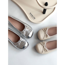 French ballet bow round toe small single shoes for women 2024 new silver ins soft sole granny shoes flat