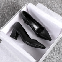 Black leather shoes for women 2024 spring new soft sole professional mid-heel high heels thick heel long-standing work shoes single shoes for women
