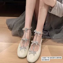 2024 Summer New French Retro Heavy Industry Rhinestone Bow Shallow Flat Ballet Shoes Womens Mary Jane Shoes