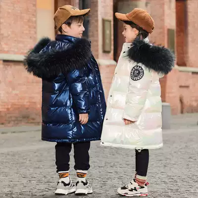 Children's down jacket 2021 new baby girl medium and long version of the big child foreign pie bright winter knee coat