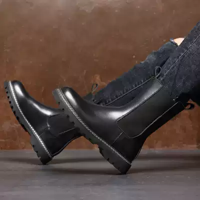 Tube boots hidden wedge tooling Chelsea long leather boots British High Martin boots male tide boots plus