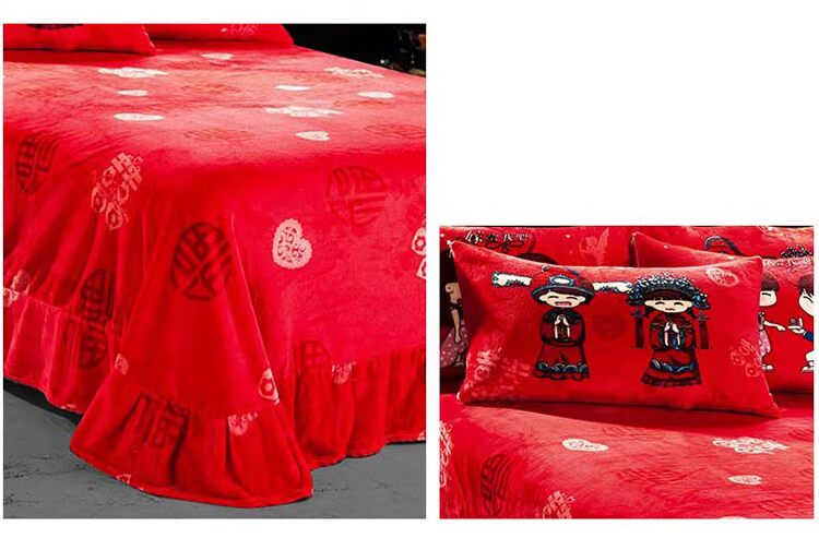 Đám cưới màu đỏ san hô lông cừu bốn mảnh 1,8m tấm flannel dày hai mặt nhung ấm mùa đông chăn ra gối nệm