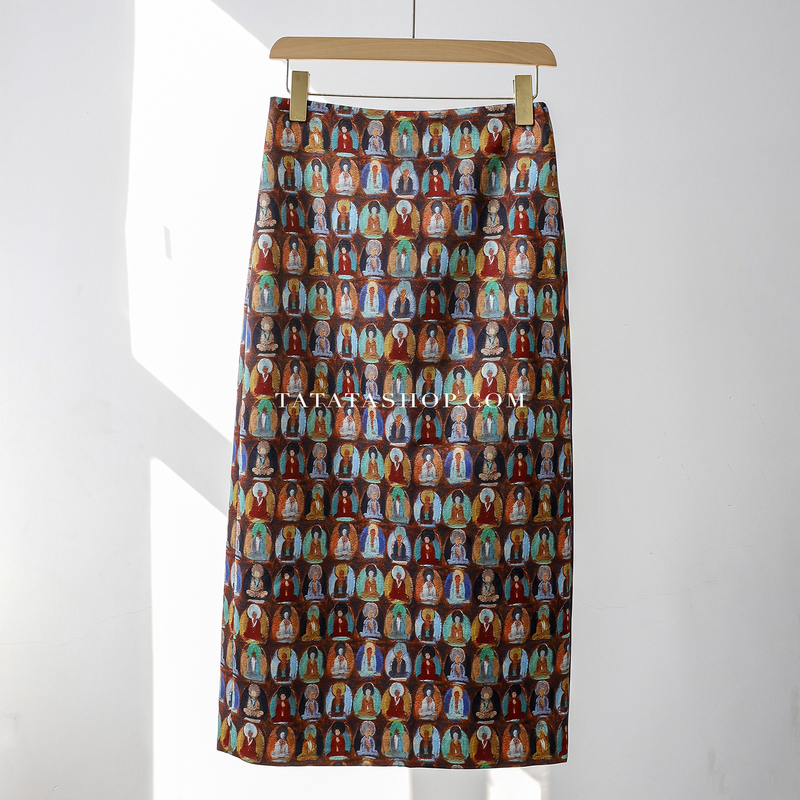 Make You the Center of Attention! Retro Art Print Straight Hip-Hugging Skirt with Back Slit