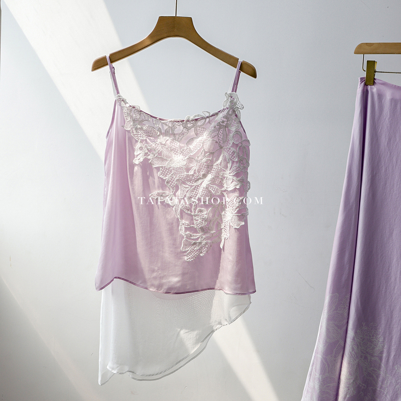 Easily Unlock a Variety of Outfit Styles! Embroidered Lace Appliqué Irregular Hem Two-Piece Camisole Set