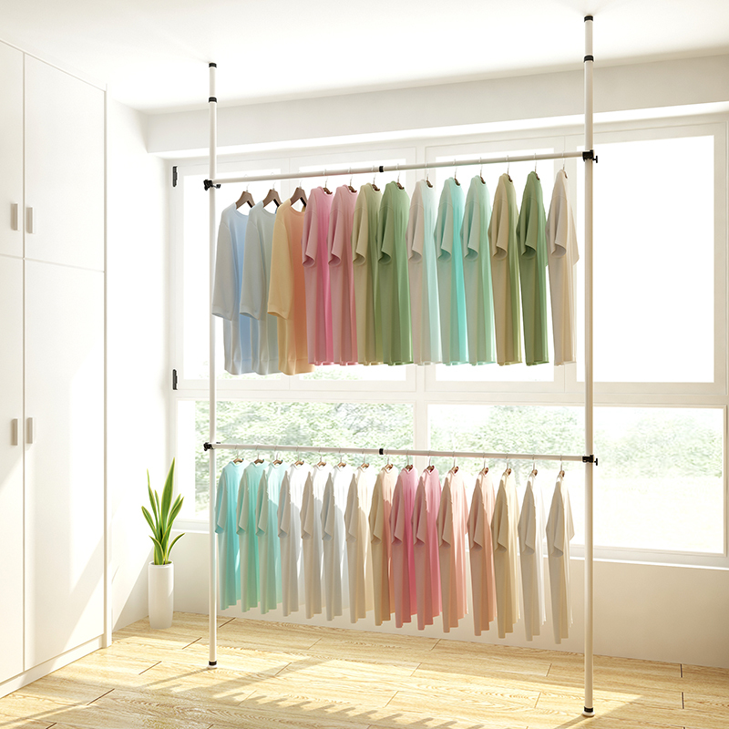 Heavy-Duty Clothes Drying Rack, Thickened and Reinforced, for Home Use in the Bedroom, No Drilling Required, Retractable Double Support Rod Clothes Rack
