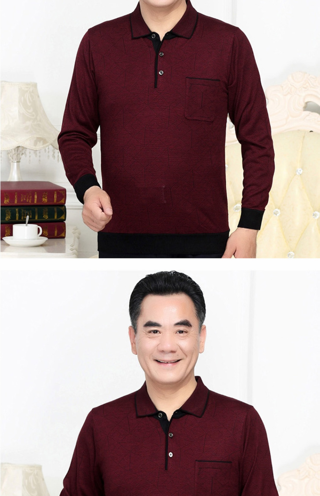 Mùa xuân trung niên nam dài tay áo thun ve áo trung niên túi đáy áo 40-50 tuổi bố mặc quần áo mùa thu mặc bên ngoài áo thun nam có cổ