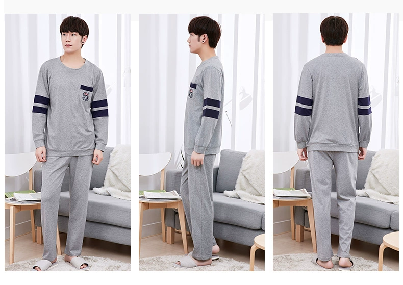 Bộ đồ ngủ của nam giới mùa xuân và mùa thu cotton tinh khiết dài tay dịch vụ tại nhà của nam giới cotton mùa đông và mùa hè mỏng đơn giản cộng với kích thước phù hợp - Cha mẹ và con