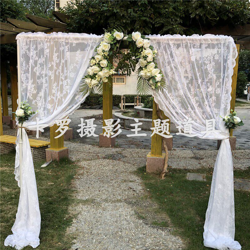 Photo gallery Brigade photographed background white lace yarn Veil Wedding exterior View Decorative Flower Shelf Wedding Scene Photo props