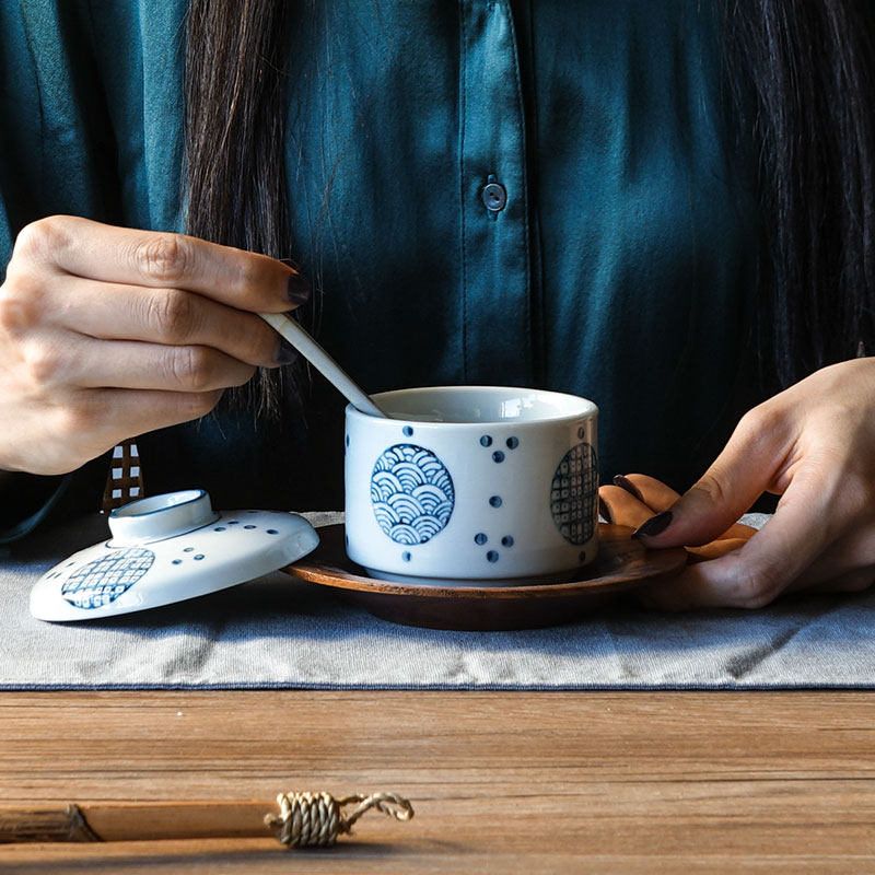 Nishida Muyu three-color small steaming bowl Japanese-style hand-painted ceramic underglaze color tableware small bowl small cover soup cup for household use