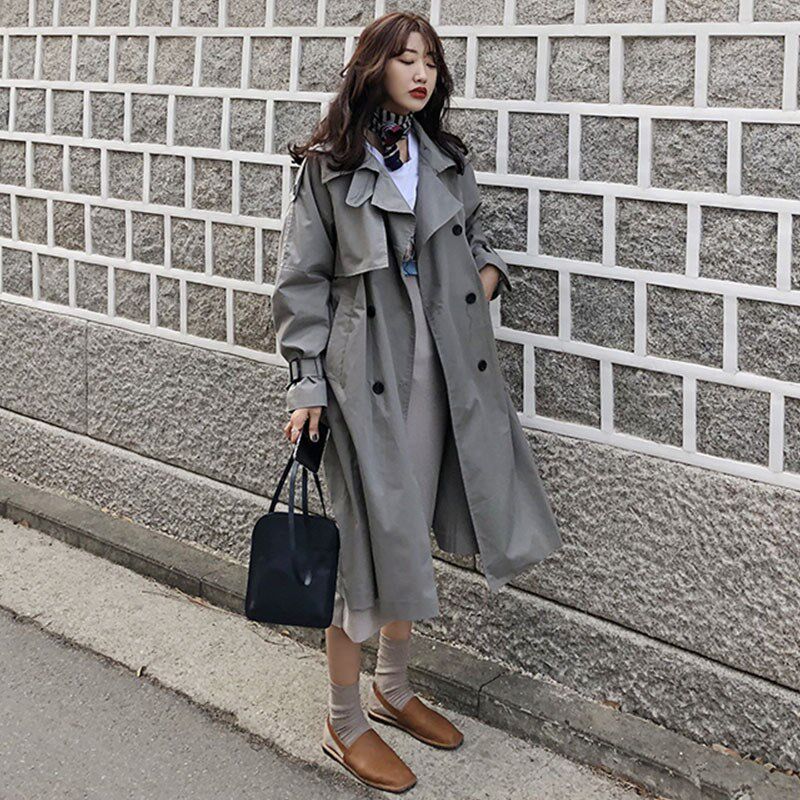 Trench coat girl 2021 spring and autumn new Korean version of high-end medium and long gray pop small man British style coat tide