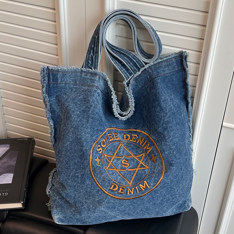 Niche Embroidered Denim Bag for Women 2026 New Large-Capacity Class Tote Bag Versatile Shoulder Commuter Tote Bag