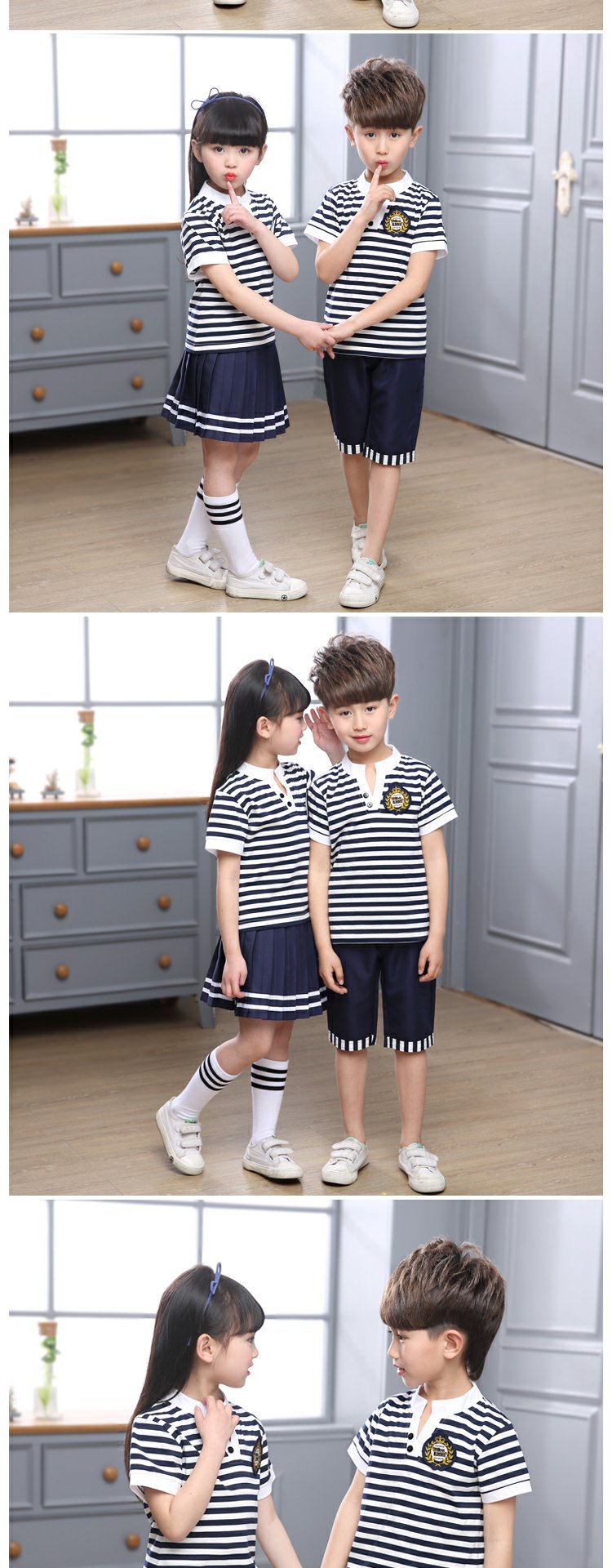 Đồng phục học sinh tiểu học mùa hè tay ngắn sọc đỏ phù hợp với quần cotton trẻ em mẫu giáo thiết bị lớp học quần áo bé trai và bé gái - Đồng phục trường học / tùy chỉnh thực hiện quần áo trẻ em nam