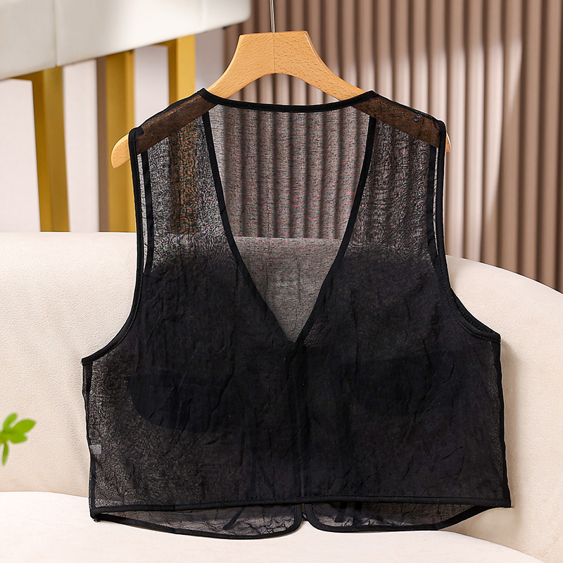 New Chinese-Style Retro V-Neck Black Vest for Women, Summer National Style Tassel Buckle Lightweight Mesh Outerwear New Chinese-Style Retro V-Neck Black Vest for Women, Summer National Style Tassel Buckle Lightweight Mesh Outerwear
