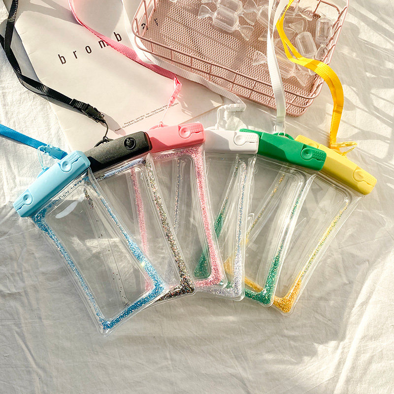 Pure colour sequin inflatable mobile phone waterproof bag sealing touch screen photo swimming Apple Huawei mobile phone universal diving cover