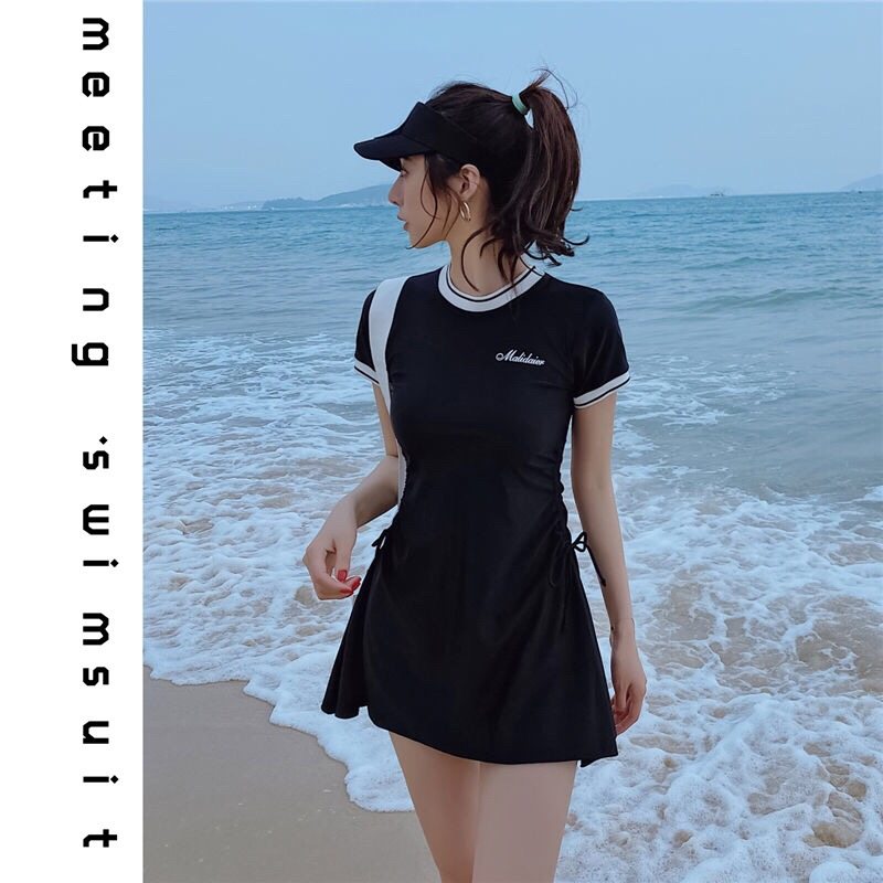 New black swimsuit female conservative connexion skirt skirt pants two pieces of sports student swimsuit