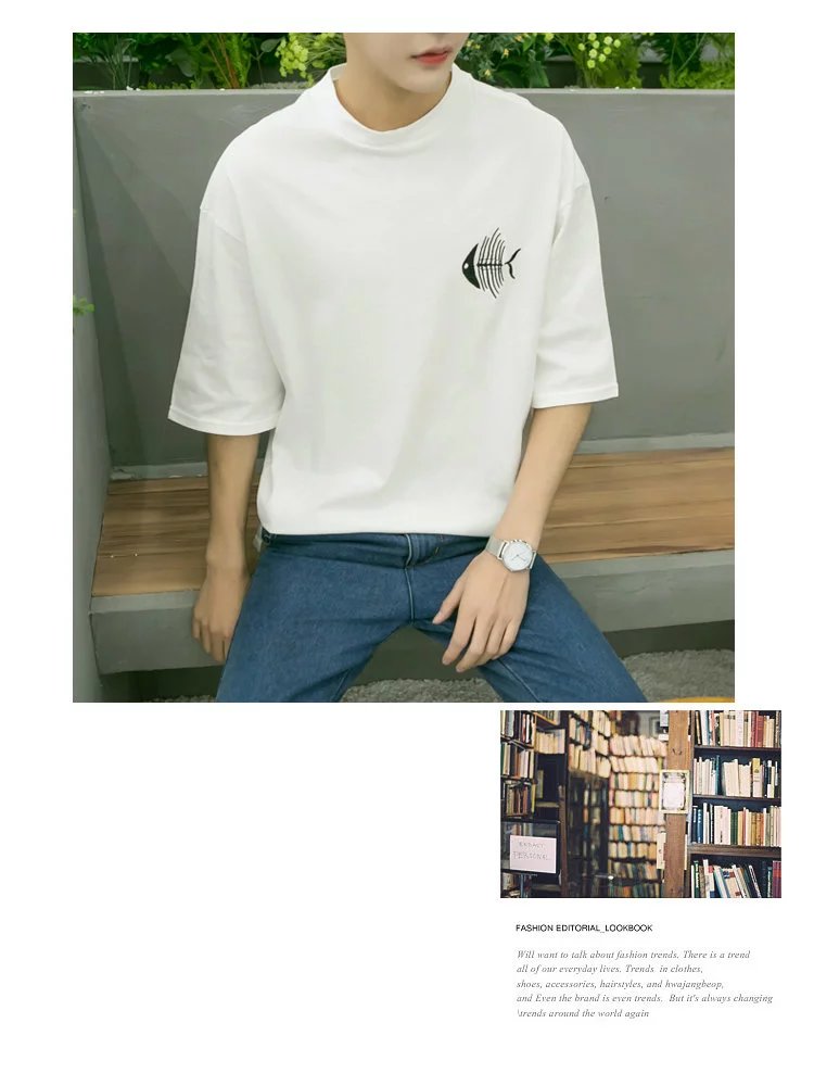 Bảy điểm tay áo của nam giới t-shirt Hàn Quốc phiên bản của sinh viên xu hướng cá tính lỏng 7 điểm trong áo dài tay 5 điểm quần áo ngắn tay