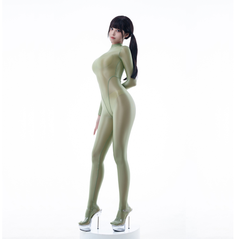 Nylon Spliced Full-Cover Long-Sleeve Bodysuit with Tights, Tight-Fitting, Shiny, Back Zipper, One-Piece Style<Thin Style> Nylon Spliced Full-Cover Long-Sleeve Bodysuit with Tights, Tight-Fitting, Shiny, Back Zipper, One-Piece Style<Thin Style>