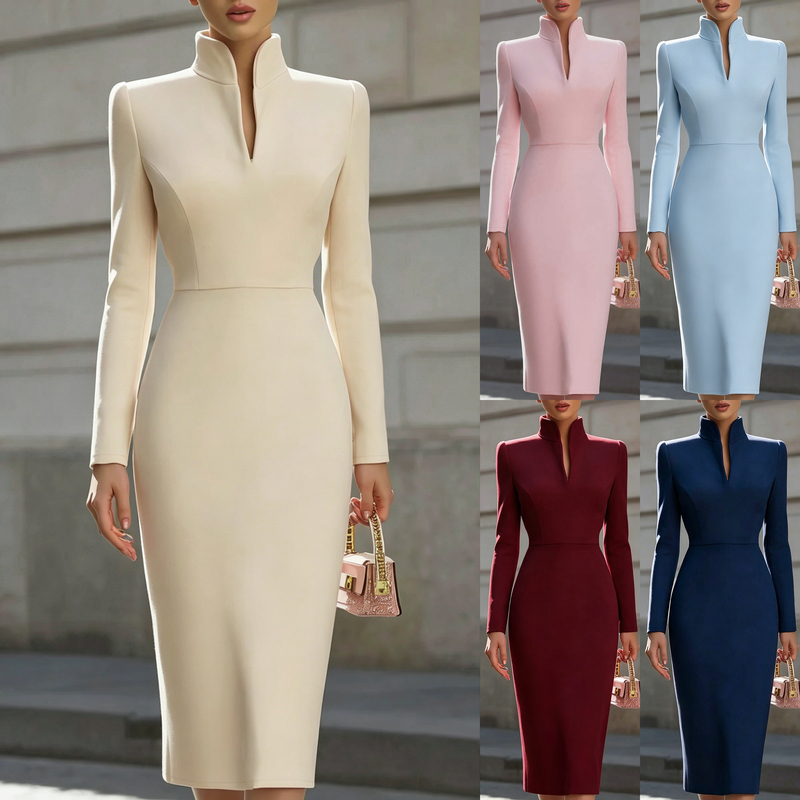 New European and American Amazon Style Slim-Fit Solid Color Stand-Collar Long-Sleeve Elegant Commuter Dress Formal Dress New European and American Amazon Style Slim-Fit Solid Color Stand-Collar Long-Sleeve Elegant Commuter Dress Formal Dress