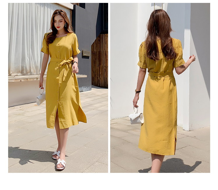 VK旗艦店 韓系純色收腰系帶復古修身氣質顯瘦短袖洋裝