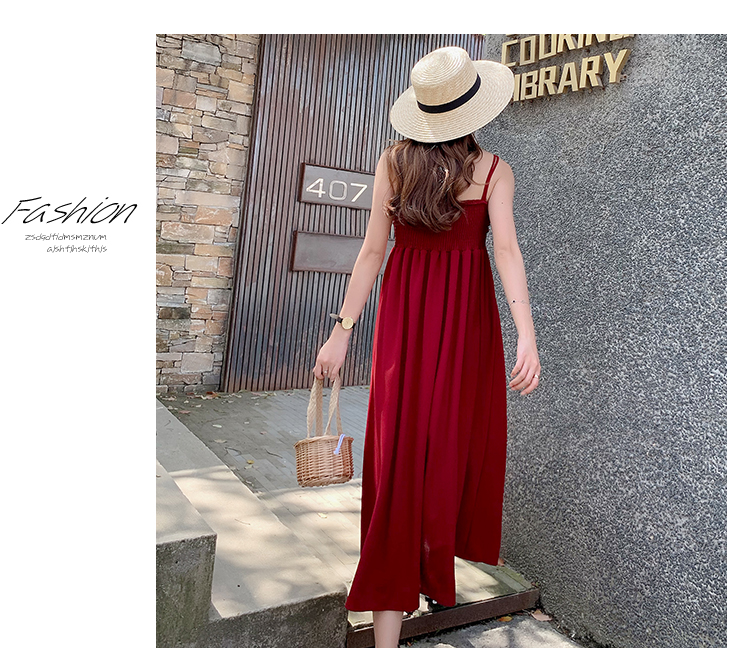 VK旗艦店 韓系時尚沙灘褶皺平口吊帶度假無袖洋裝